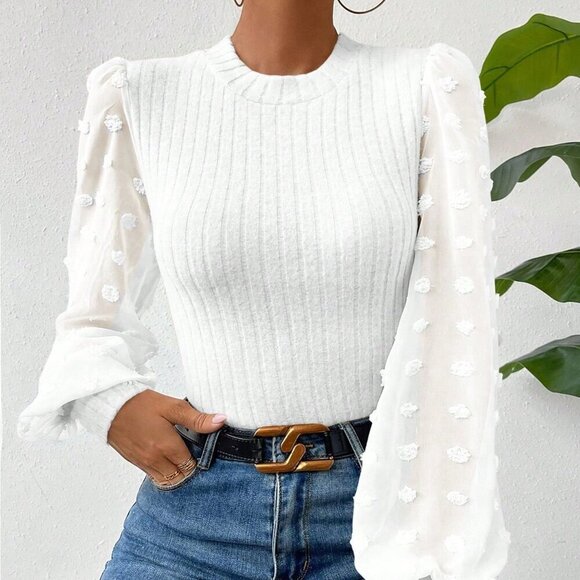 White Casual Women's Round Neck Slim-Fit Top With Mesh Contrast - Picture 6 of 6